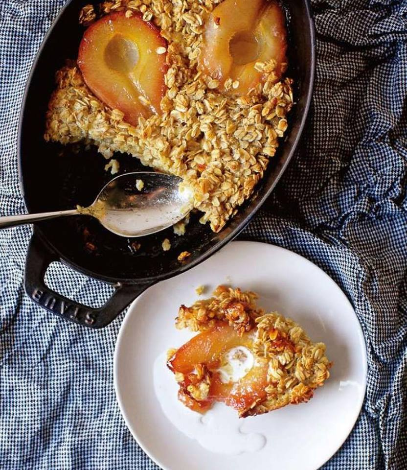 Baked Oatmeal with Pears and Vanilla Cream - via Smitten Kitchen